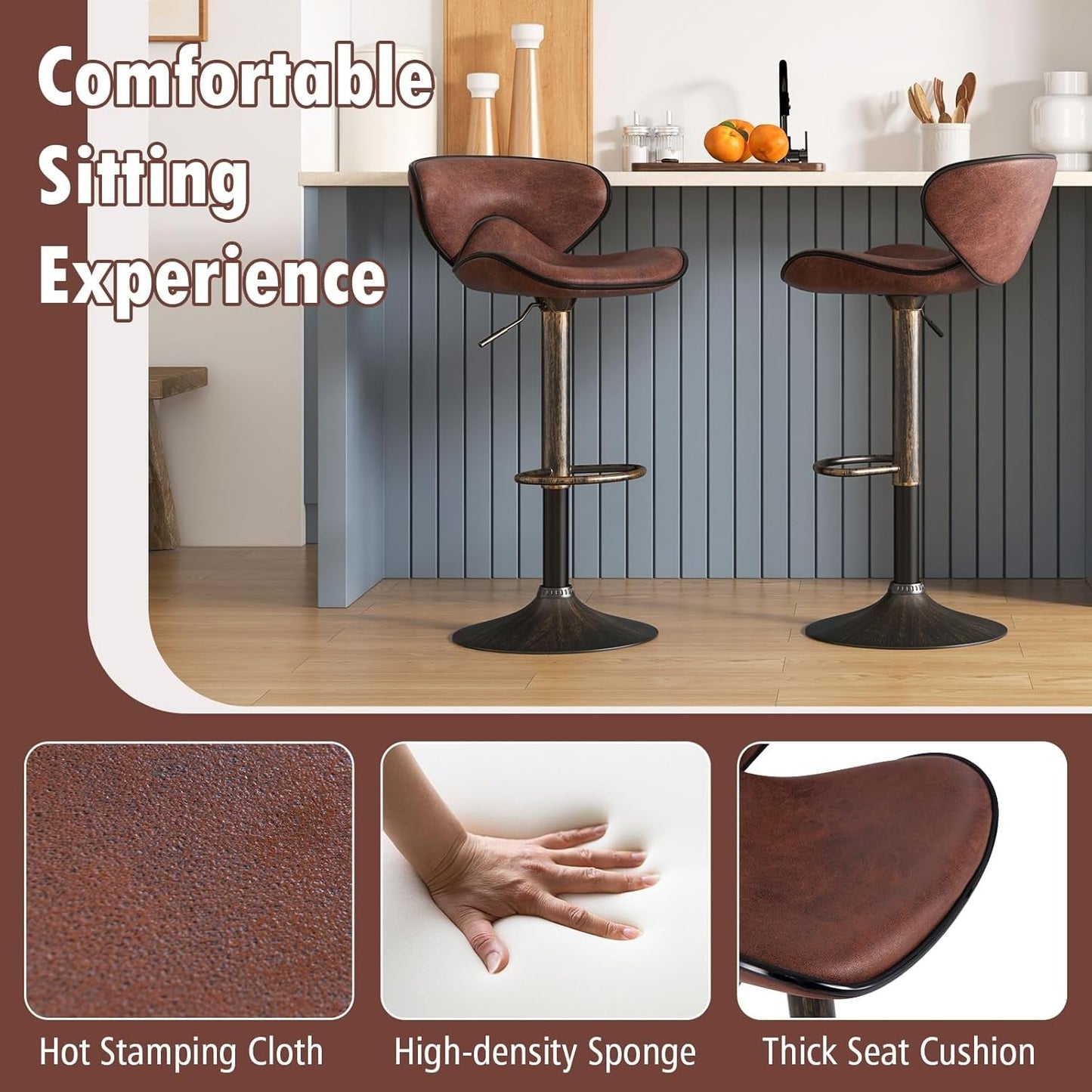 Set of 2 Barstools, Swivel Bar Stool with Backrest, Footrest and Height Adjustable, Counter Barstool for Bar, Kitchen, Dining Room, Living Room and Bistro Pub (Dark Brown, Set of 2)-4