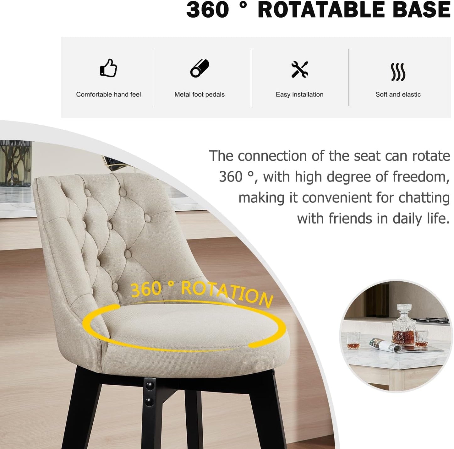 Bar Stools Set of 2, Swivel Barstools with Backs and Wood Legs, 27" Linen Fabric Upholstered Bar Chairs for Kitchen Island, Dining, Cafe, Pub（Linen）-3