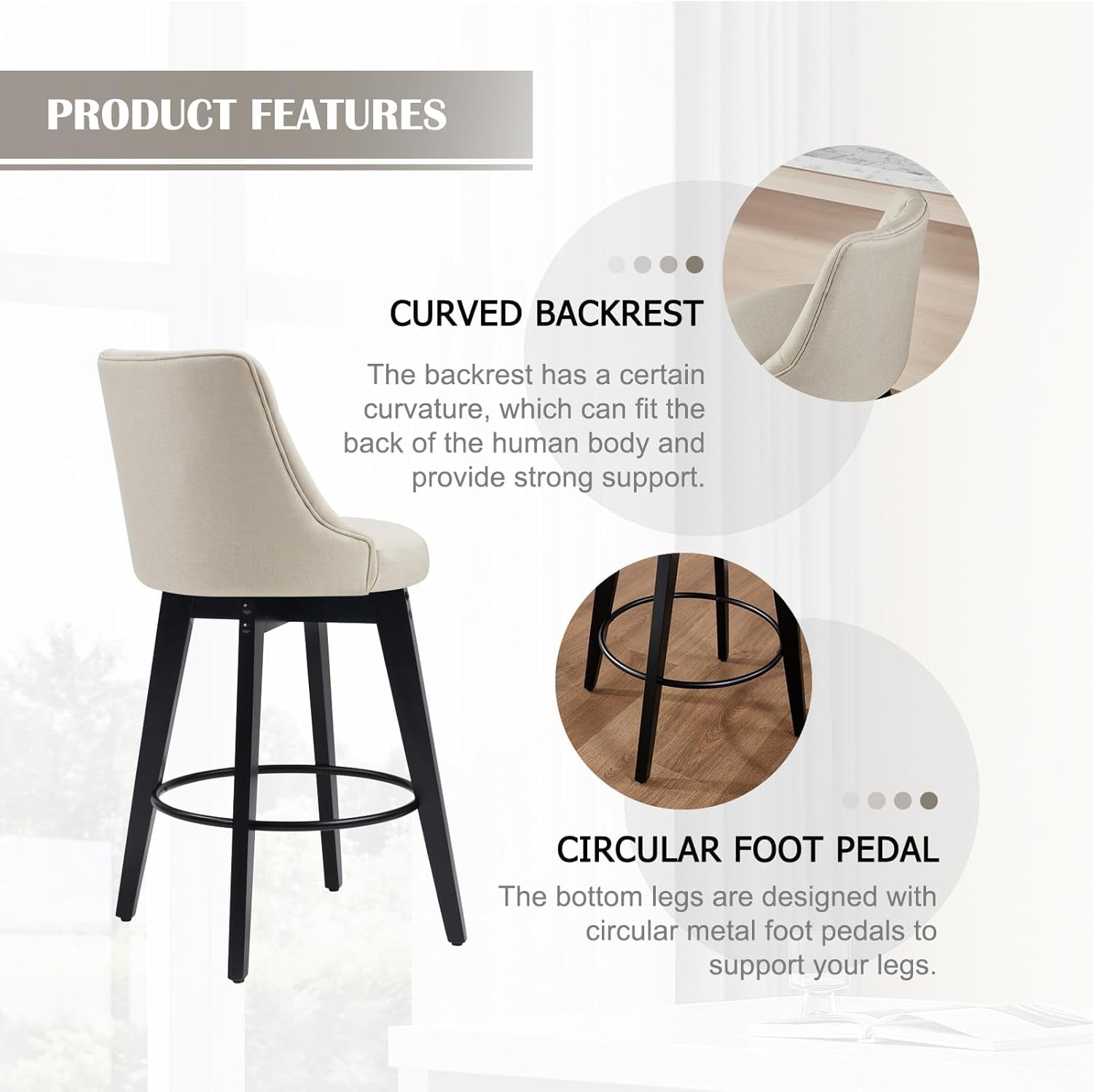 Bar Stools Set of 2, Swivel Barstools with Backs and Wood Legs, 27" Linen Fabric Upholstered Bar Chairs for Kitchen Island, Dining, Cafe, Pub（Linen）-4