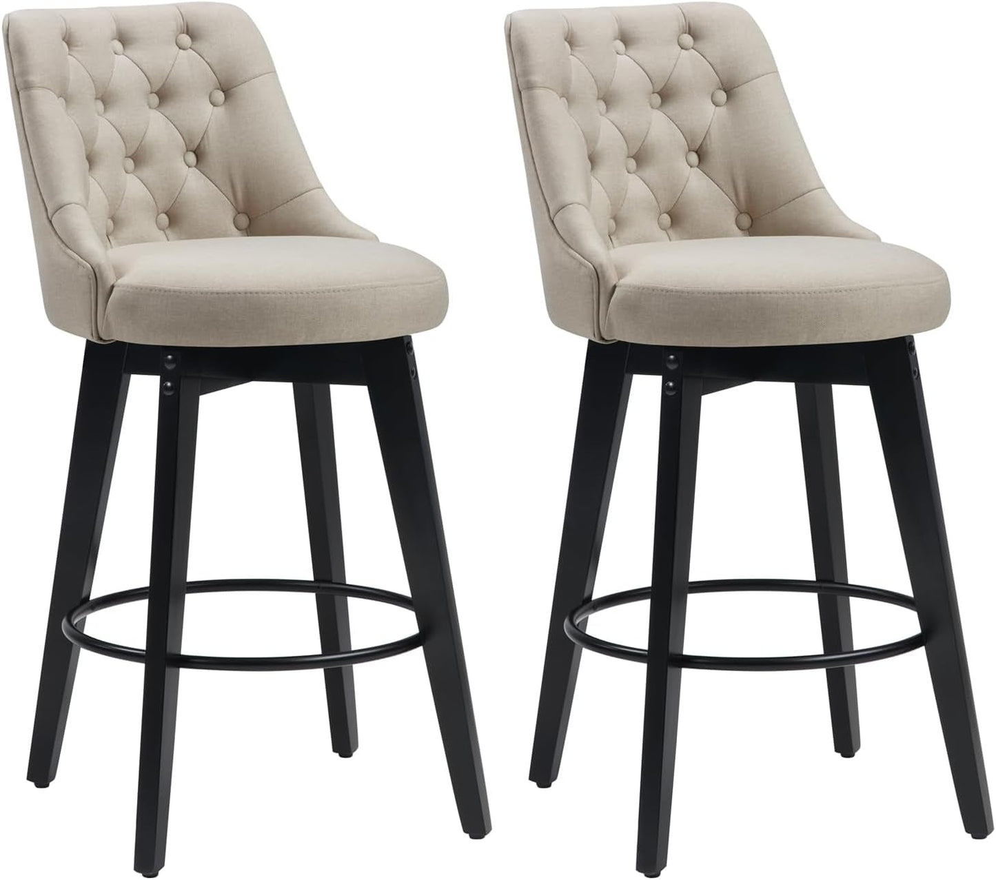 Bar Stools Set of 2, Swivel Barstools with Backs and Wood Legs, 27" Linen Fabric Upholstered Bar Chairs for Kitchen Island, Dining, Cafe, Pub（Linen）-0