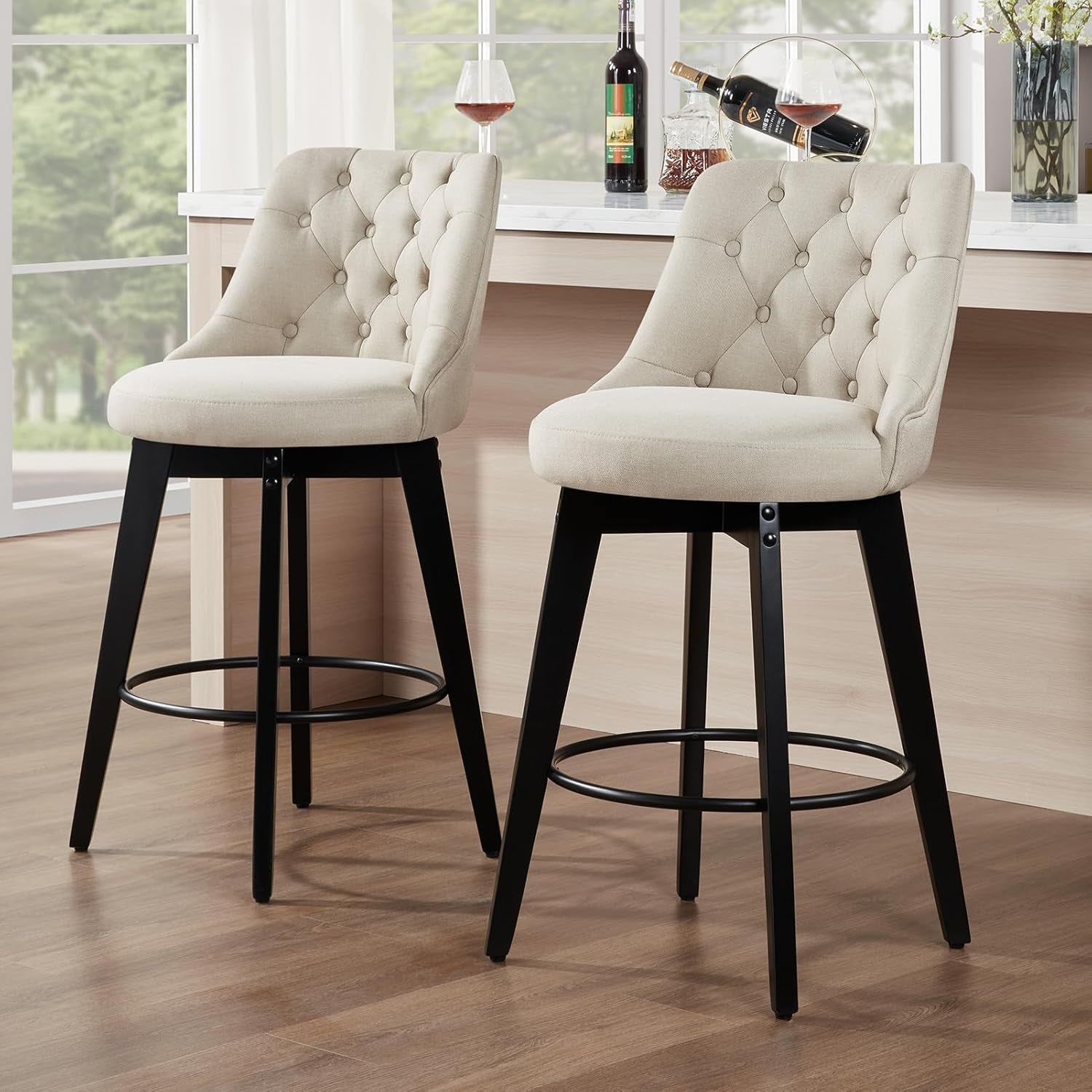 Bar Stools Set of 2, Swivel Barstools with Backs and Wood Legs, 27" Linen Fabric Upholstered Bar Chairs for Kitchen Island, Dining, Cafe, Pub（Linen）-1