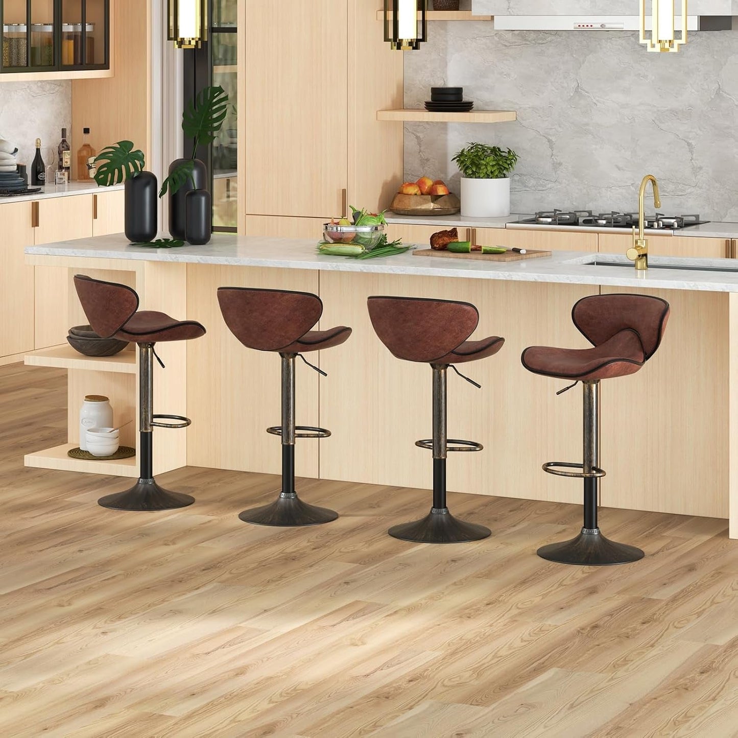 Set of 2 Barstools, Swivel Bar Stool with Backrest, Footrest and Height Adjustable, Counter Barstool for Bar, Kitchen, Dining Room, Living Room and Bistro Pub (Dark Brown, Set of 2)-3