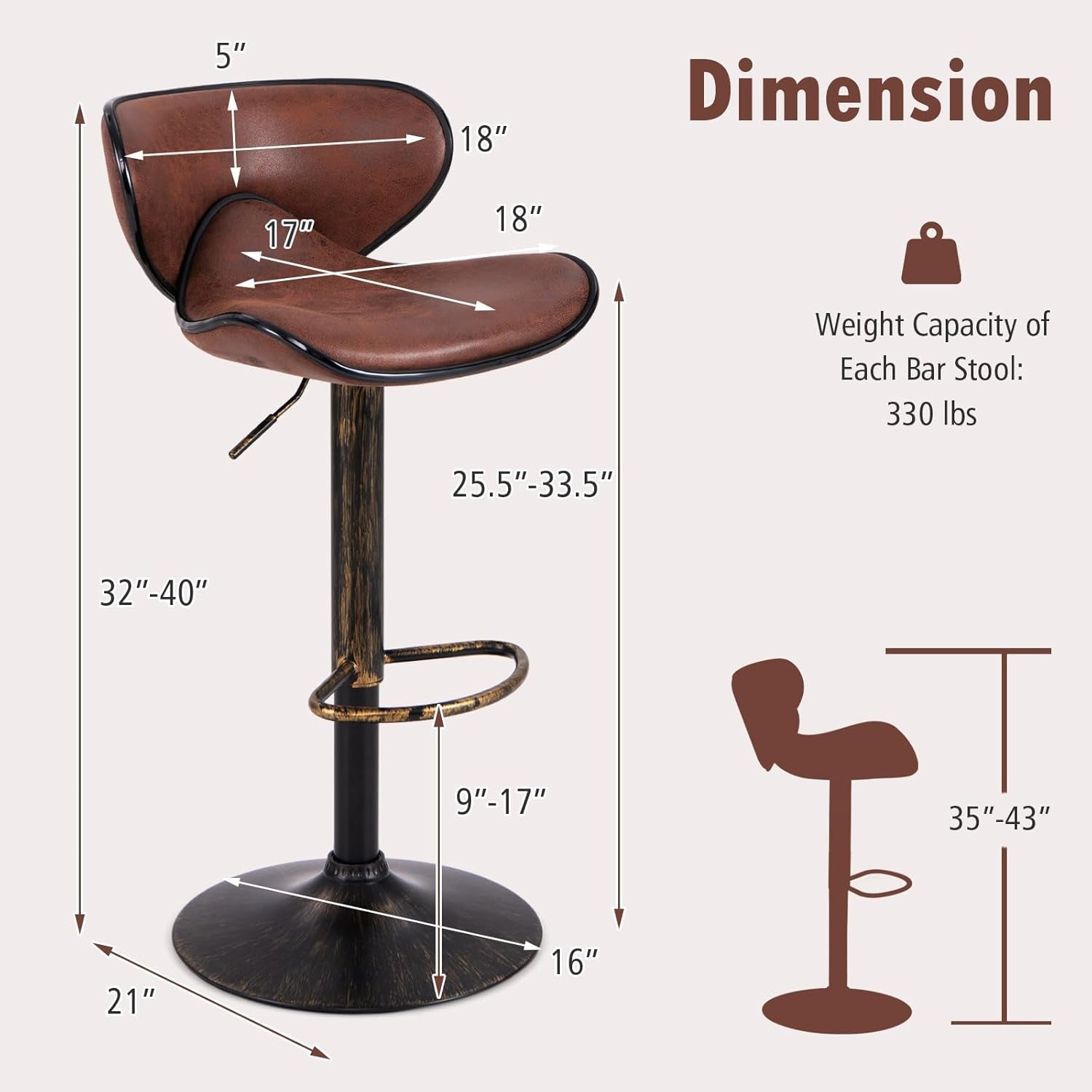 Set of 2 Barstools, Swivel Bar Stool with Backrest, Footrest and Height Adjustable, Counter Barstool for Bar, Kitchen, Dining Room, Living Room and Bistro Pub (Dark Brown, Set of 2)-2